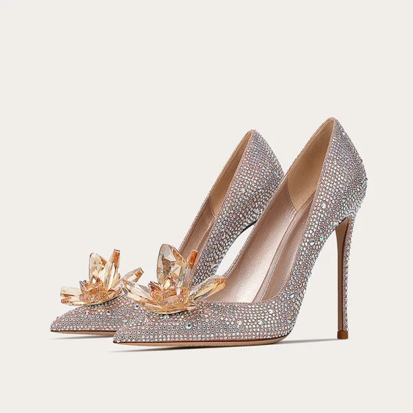 Cinderella Sparkly Champagne Crystal Rhinestone Wedding Shoes 2023 Leather 10 cm Stiletto Heels Pointed Toe Wedding Pumps High Heels