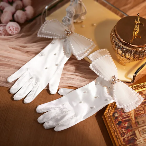Vintage / Retro Ivory Pearl Bow Satin Bridal Gloves 2026 Wedding