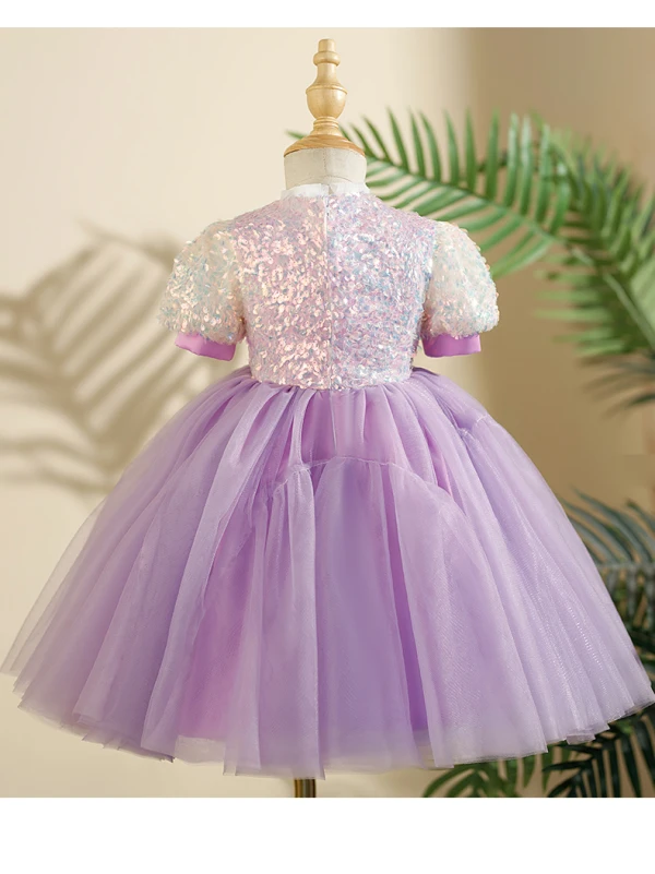 Bling Bling Lavender Beading Sequins Birthday Short Flower Girl Dresses 2024 Ball Gown Scoop Neck Short Sleeve