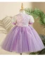 Bling Bling Lavender Beading Sequins Birthday Short Flower Girl Dresses 2024 Ball Gown Scoop Neck Short Sleeve