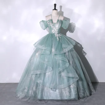Elegant Sage Green Beading Lace Flower Cascading Ruffles Prom Dresses 2023 Ball Gown Spaghetti Straps Short Sleeve Backless Floor Length Long Prom Formal Dresses
