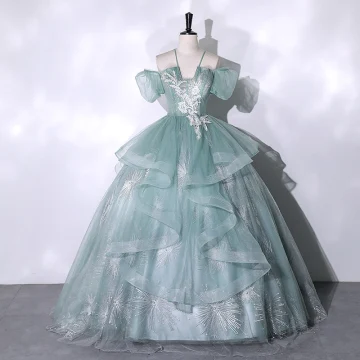 Elegante Saliegroen Kralen Kant Bloem Cascading Ruches Galajurken 2023 Baljurk Spaghettibandjes Korte Mouwen Ruglooze Lange Gala Gelegenheid Jurken