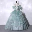 Elegant Sage Green Beading Lace Flower Cascading Ruffles Prom Dresses 2023 Ball Gown Spaghetti Straps Short Sleeve Backless Floor-Length / Long Prom Formal Dresses