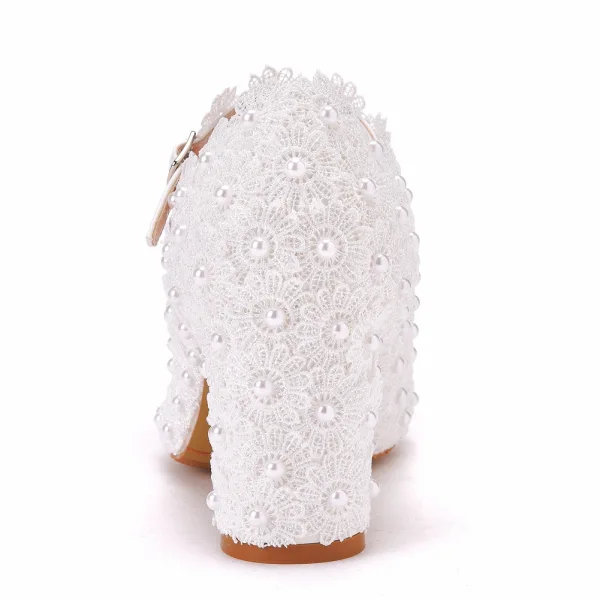 Elegant White Lace Flower Wedding Shoes 2022 Pearl 7 cm Thick Heels Round Toe Wedding Pumps High Heels