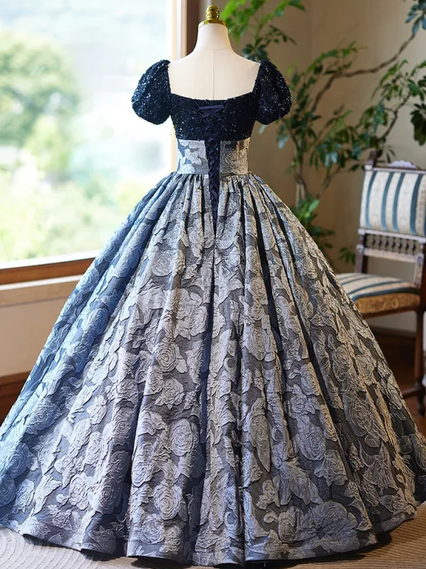 Vintage / Retro Navy Blue Beading Sequins Printing Prom Dresses 2024 Ball Gown Square Neckline Short Sleeve Backless Floor-Length / Long Prom Formal Dresses