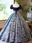 Vintage / Retro Navy Blue Beading Sequins Printing Prom Dresses 2024 Ball Gown Square Neckline Short Sleeve Backless Floor-Length / Long Prom Formal Dresses