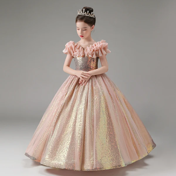 Sparkly Blushing Pink Glitter Sequins Birthday Flower Girl Dresses 2023 A-Line / Princess Ruffle Scoop Neck Short Sleeve Floor-Length / Long Flower Girl Dresses