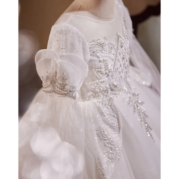 Chic / Beautiful White Beading Pearl Sequins Birthday Flower Girl Dresses 2023 Ball Gown Scoop Neck Long Sleeve Floor-Length / Long Flower Girl Dresses