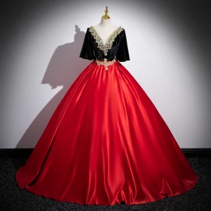 Ethnique Rouge Perlage En Dentelle Fleur Satin Robe De Bal 2023 Robe Boule Encolure Dégagée Manches Courtes Dos Nu Longue Robe De Ceremonie