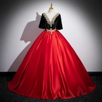 Ethnic Red Beading Lace Flower Satin Prom Dresses 2023 Ball Gown Scoop Neck Short Sleeve Backless Floor Length Long Formal Dresses