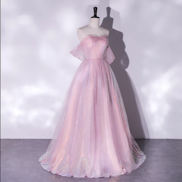 Charming Glitter Candy Pink Evening Dresses 2022 A-Line / Princess Strapless Sleeveless Backless Floor-Length / Long Evening Party Formal Dresses
