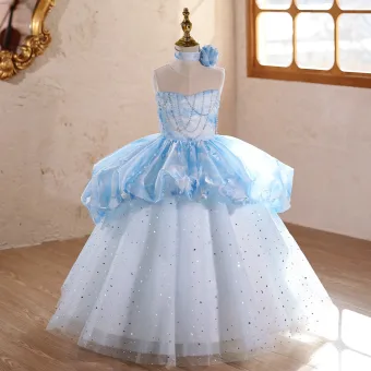 Mode Bleu Ciel Perlage Étoile Paillettes Anniversaire Robe Ceremonie Fille 2026 Robe Boule Encolure Dégagée Sans Manches Dos Nu Longue Tulle