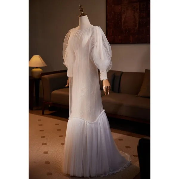 Muslim Modest / Simple White Trumpet / Mermaid Wedding Dresses 2024 High Neck Long Sleeve Floor-Length / Long Wedding