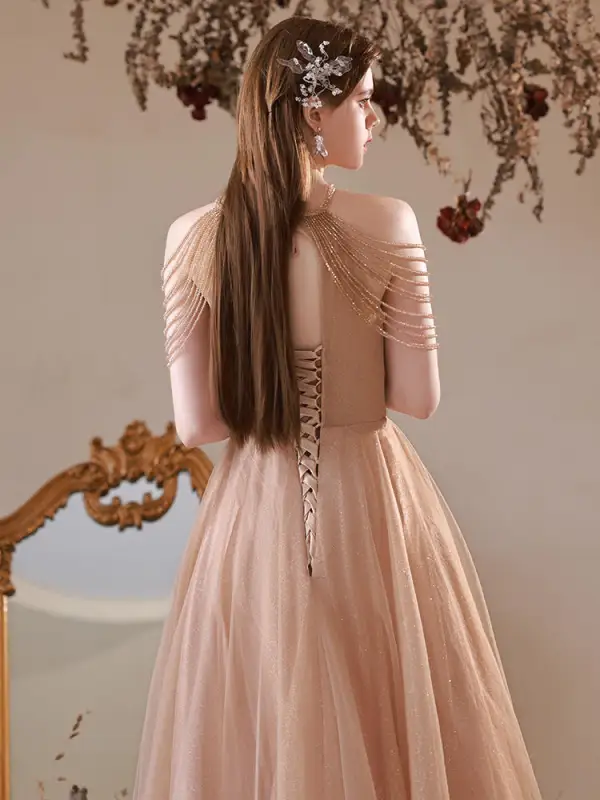 Charming Champagne Beading Tassel Pearl Rhinestone Evening Dresses 2022 A-Line / Princess Halter Sleeveless Backless Floor-Length / Long Evening Party Formal Dresses