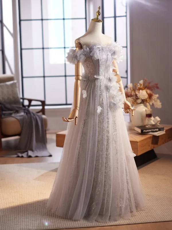 Chic / Belle Gris Appliques Paillettes Robe De Bal 2025 Princesse De l'épaule Sans Manches Dos Nu Longue Robe De Ceremonie