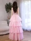 Charmant Rougissant Rose Volants en Cascade Paillettes Robe De Bal 2023 Princesse Bretelles Spaghetti Sans Manches Dos Nu Longue Robe De Ceremonie