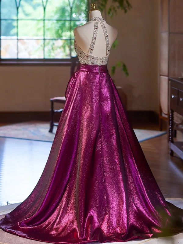 Fashion Fuchsia Beading Rhinestone Sequins Satin Prom Dresses 2024 A-Line / Princess V-Neck Sleeveless Backless Floor-Length / Long Prom Formal Dresses