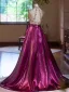 Fashion Fuchsia Beading Rhinestone Sequins Satin Prom Dresses 2024 A-Line / Princess V-Neck Sleeveless Backless Floor-Length / Long Prom Formal Dresses