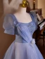 Chic / Beautiful Sky Blue Beading Pearl Appliques Prom Dresses 2024 Ball Gown Scoop Neck Puffy Short Sleeve Backless Floor-Length / Long Prom Formal Dresses