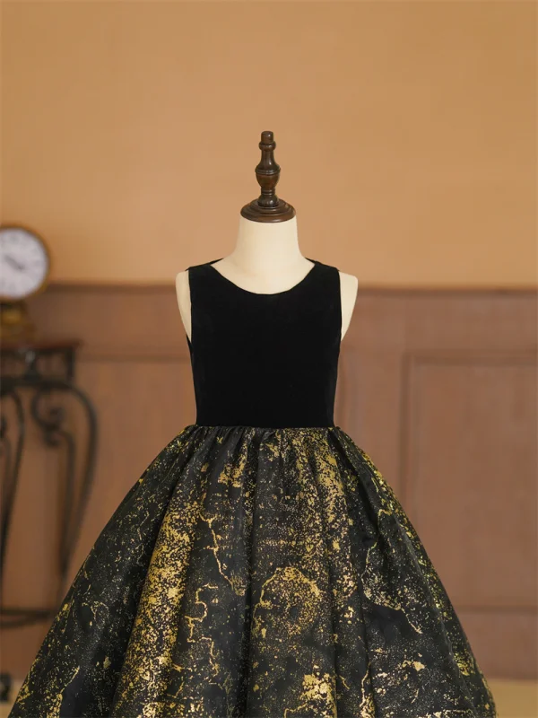 Elegant Gold Black Birthday Flower Girl Dresses 2024 Ball Gown Scoop Neck Sleeveless Floor-Length / Long