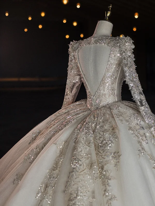 Luxury / Gorgeous Ivory Beading Sequins Satin Wedding Dresses 2024 Ball Gown U-Neck Long Sleeve Backless Royal Train Wedding