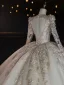 Luxury / Gorgeous Ivory Beading Sequins Satin Wedding Dresses 2024 Ball Gown U-Neck Long Sleeve Backless Royal Train Wedding