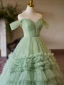 Chic / Beautiful Sage Green Cascading Ruffles Pleated Prom Dresses 2024 Ball Gown Off-The-Shoulder Short Sleeve Backless Sweep Train Prom Formal Dresses
