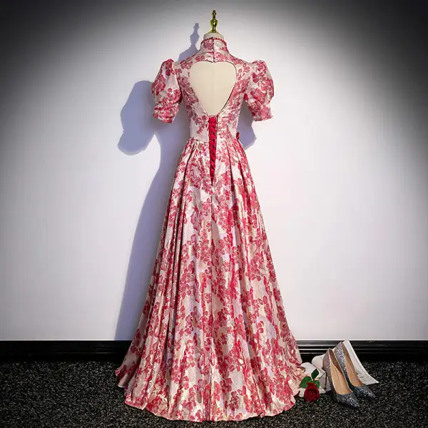 Fantaisie Bordeaux Impression Perle Robe De Soirée 2022 Princesse Satin Col Haut Gonflée Manches Courtes Dos Nu Longue Soirée Robe De Ceremonie