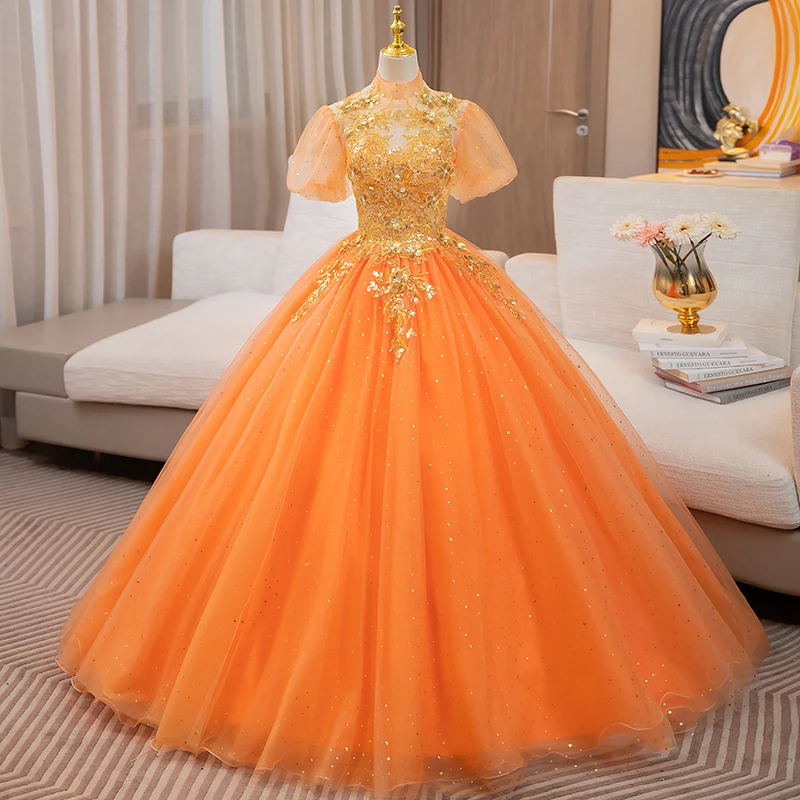 green emerald velvet dress Round Neckline Orange Tulle Beaded Homecoming Dress, Short Party Dress –  Cutedressy main image 1