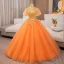 Elegant Orange Beading Sequins Prom Dresses 2024 Ball Gown High Neck Short Sleeve Backless Floor-Length / Long Prom Formal Dresses