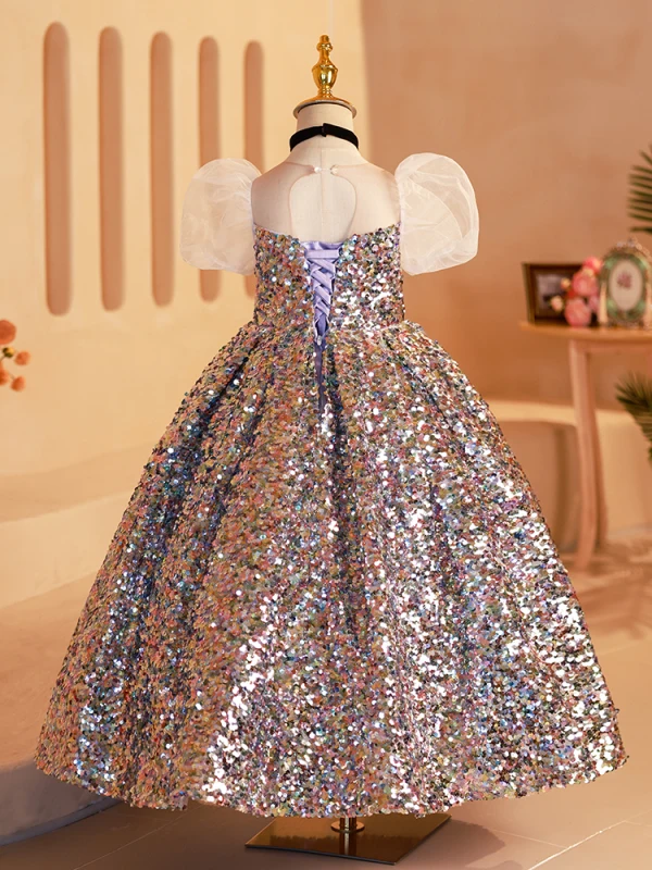 Sparkly Multi-Colors Sequins Birthday Flower Girl Dresses 2024 Trumpet / Mermaid Scoop Neck Puffy Short Sleeve Backless Floor-Length / Long