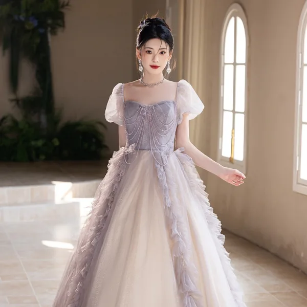 Elegant Grey Beading Prom Dresses 2025 A-Line / Princess Square Neckline Puffy Short Sleeve Backless Floor-Length / Long Prom Formal Dresses