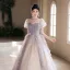 Elegant Grey Beading Prom Dresses 2025 A-Line / Princess Square Neckline Puffy Short Sleeve Backless Floor-Length / Long Prom Formal Dresses