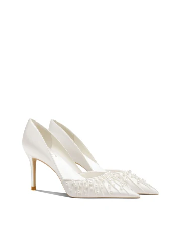 Eleganta Vita Pärla Läder Brudskor 2024 8 Cm Stilettklackar Spetsiga Bröllop Pumps Högklackade Brudskor