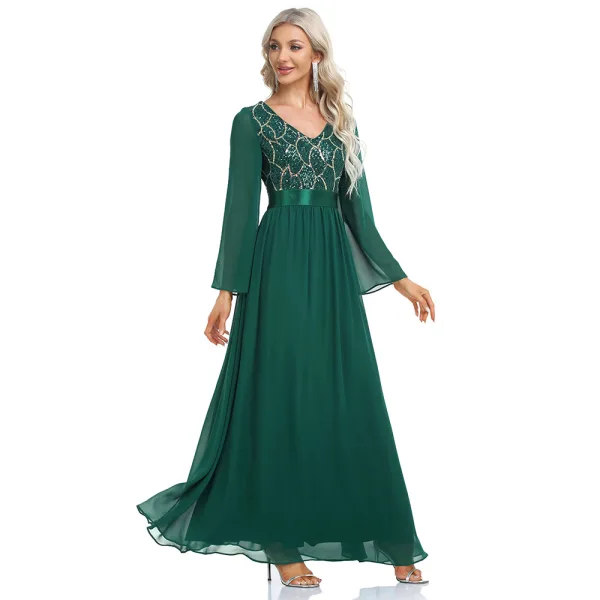 Chic / Beautiful Dark Green Sequins Evening Dresses 2023 A-Line / Princess V-Neck Long Sleeve Chiffon Sash Floor-Length / Long Evening Party Formal Dresses