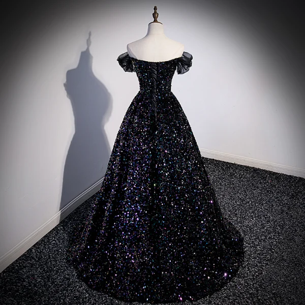 Glitzernden Schwarz Multifarben Pailletten Ballkleider 2023 Ballkleid Off Shoulder Kurze Ärmel Rückenfreies Sweep / Pinsel Zug Ball Festliche Kleider