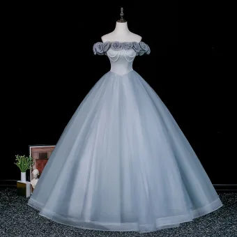 Élégant Bleu Ciel Appliques Longue Robe De Bal 2026 Robe Boule De L Épaule Manches Courtes Dos Nu Robe De Ceremonie