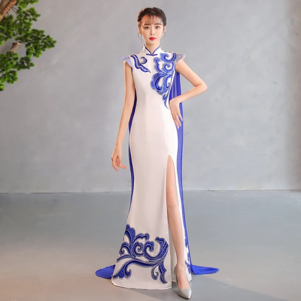 Chinese style Black Gold Sequins Evening Party Cheongsam 2023 Trumpet / Mermaid High Neck Sleeveless Split Front Floor-Length / Long Cheongsam / Qipao