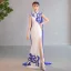 Chinese style Black Gold Lace Flower Evening Party Split Front Cheongsam 2025 Trumpet / Mermaid High Neck Sleeveless Floor-Length / Long Cheongsam / Qipao