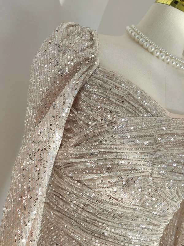 Sexy Champagne Paillettes Robe De Soirée 2023 Trompette / Sirène Encolure Carrée Manches Longues Dos Nu Thé Longueur Soirée Robe De Ceremonie