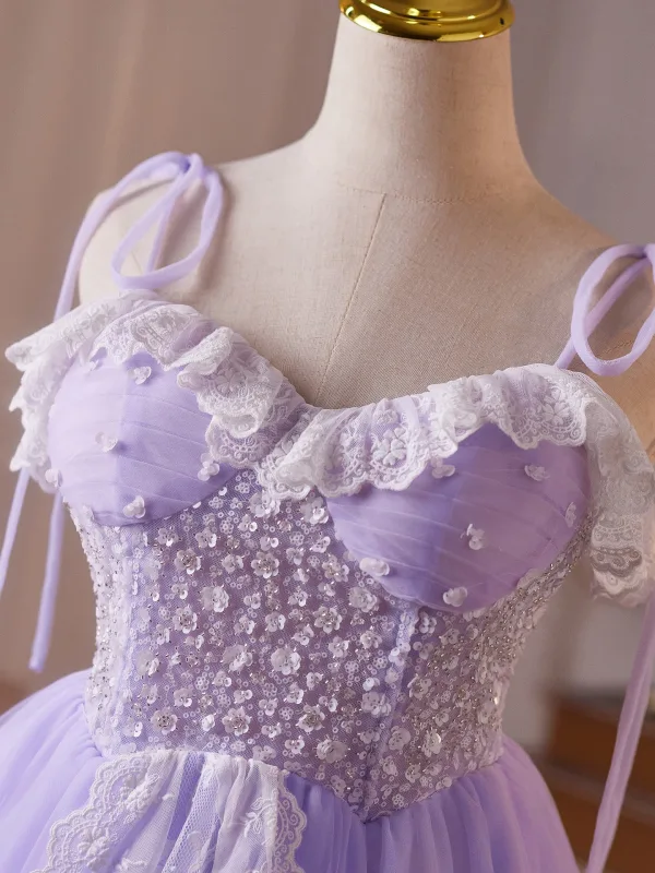 Chic / Beautiful Lavender Beading Sequins Lace Flower Short Party Dresses 2025 A-Line / Princess Spaghetti Straps Sleeveless Backless Tulle Cocktail Party Evening Party