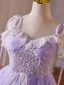 Chic / Beautiful Lavender Beading Sequins Lace Flower Short Party Dresses 2025 A-Line / Princess Spaghetti Straps Sleeveless Backless Tulle Cocktail Party Evening Party
