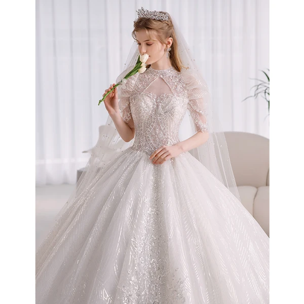 Fabulous White Beading Sequins Pearl Wedding Dresses 2022 Ball Gown High Neck Puffy Short Sleeve Backless Royal Train Wedding
