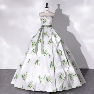 Elegant White Satin Printing Prom Dresses 2022 Ball Gown Strapless Sleeveless Backless Bow Sash Floor Length Long Formal Dresses