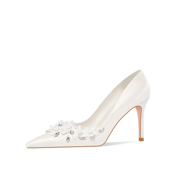 Elegant Ivory Leather Beading Rhinestone Wedding Shoes 2022 8 cm Stiletto Heels Pointed Toe Wedding Pumps High Heels