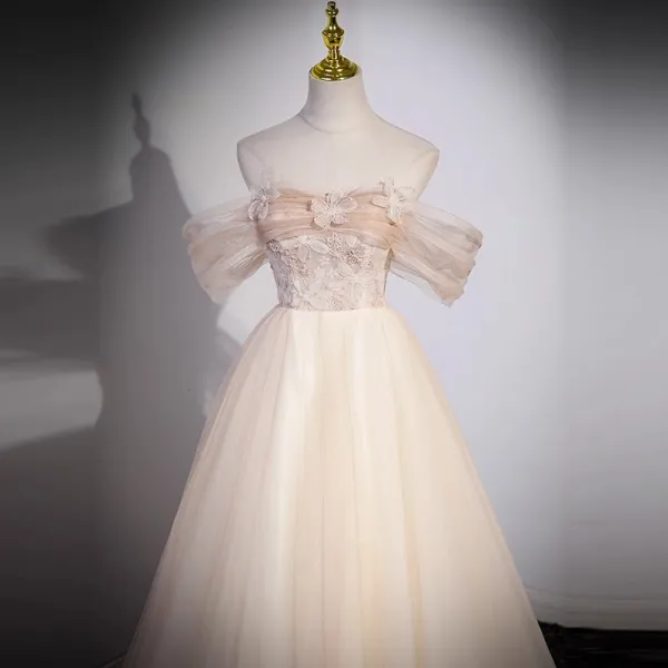 Charming Champagne Beading Appliques Prom Dresses 2023 A-Line / Princess Off-The-Shoulder Short Sleeve Backless Floor-Length / Long Prom Formal Dresses