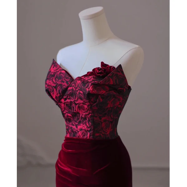 Modern / Fashion Burgundy Suede Evening Dresses 2023 Trumpet / Mermaid Strapless Sleeveless Backless Bow Floor-Length / Long Evening Party Formal Dresses