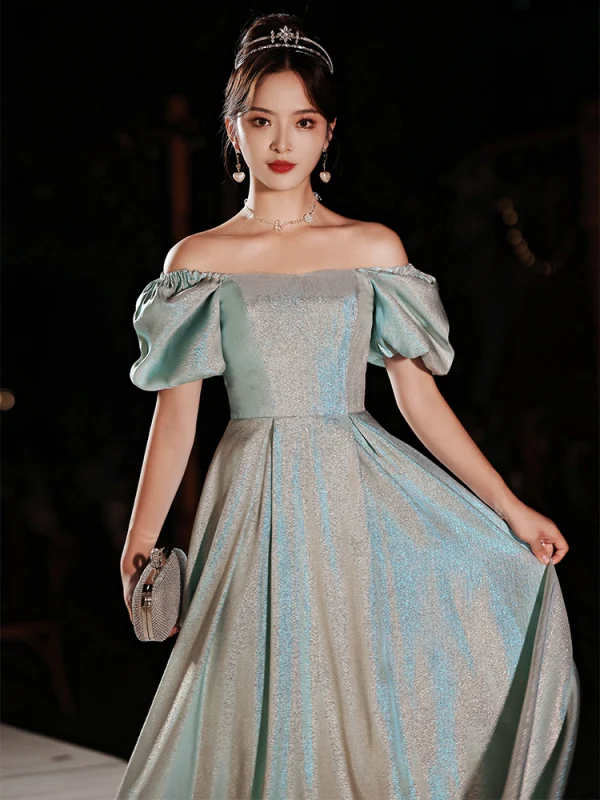 Fashion Sky Blue Glitter Sequins Prom Dresses 2022 A-Line / Princess Square Neckline Short Sleeve Backless Floor-Length / Long Prom Formal Dresses