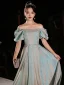 Fashion Sky Blue Glitter Sequins Prom Dresses 2022 A-Line / Princess Square Neckline Short Sleeve Backless Floor-Length / Long Prom Formal Dresses