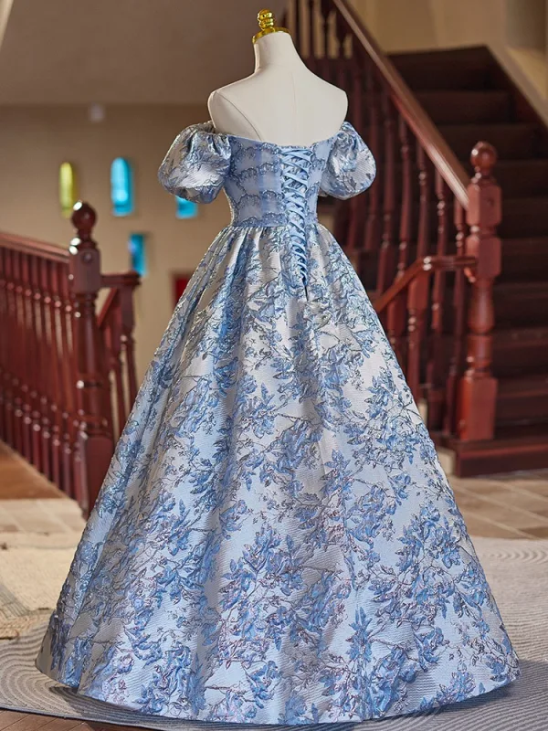 Chic / Beautiful Sky Blue Beading Sequins Lace Flower Prom Dresses 2024 Ball Gown Off-The-Shoulder Puffy Short Sleeve Backless Floor-Length / Long Prom Formal Dresses